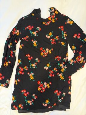 Zara Black Floral Mini Dress with Red, Yellow & Pink Blooms